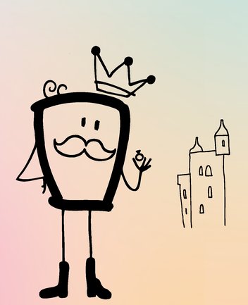 Illustration von König Detlef aus der Oper „Der König verschenkt was“ von Philipp Matthias Kaufmann, gezeichnet von Tim Stadie: eine stilisierte, comicartige Strichfigur mit Krone und zwei Locken, Schnurrbart und Stiefeln, die freundlich wirkt und eine kleine Kugel in der erhobenen linken Hand präsentiert; daneben befindet sich ein einfach skizziertes Schloss mit Türmen, eingebettet in einen weichen Farbverlauf im Hintergrund.