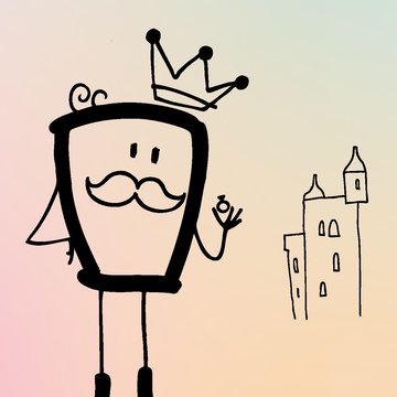 Illustration of King Detlef from the opera “Der König verschenkt was” by Philipp Matthias Kaufmann, drawn by Tim Stadie: a stylized, comic-like line figure with a crown and two curls, a moustache and boots, appearing friendly and presenting a small ball in his raised left hand; beside him is a simply sketched castle with towers, set against a soft gradient background.