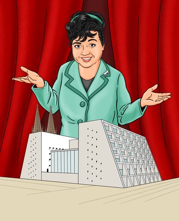 Illustration einer lächelnden Frau, die Trude Herr darstellt, mit kurzen dunklen Haaren und grünem Kostüm, vor einem roten Bühnenvorhang. Sie steht mit ausgebreiteten Armen hinter dem Opernhaus am Offenbachplatz in Köln, das im Vordergrund als modernes Gebäude mit Glasfassade dargestellt ist. Hinter dem Gebäude ragen die Türme des Kölner Doms hervor. Die Szene wirkt wie eine Theaterinszenierung und verweist auf das Divertissementchen 2027 „wat e thiater“ der Bühnenspielgemeinschaft Cäcilia Wolkenburg im Kölner Männer-Gesang-Verein.