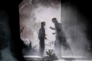 Siegmund und Sieglinde stehen sich als Silhouetten gegenüber, eingerahmt von schmalen, vertikalen Lichtstreifen. Hinter ihnen dominiert ein übergroßer, leuchtender Vollmond die Szene. Nebel liegt über dem Boden, zwischen Farnen und Baumstämmen, und verstärkt die geheimnisvolle, spannungsgeladene Atmosphäre ihres ersten Aufeinandertreffens in Wagners DIE WALKÜRE.