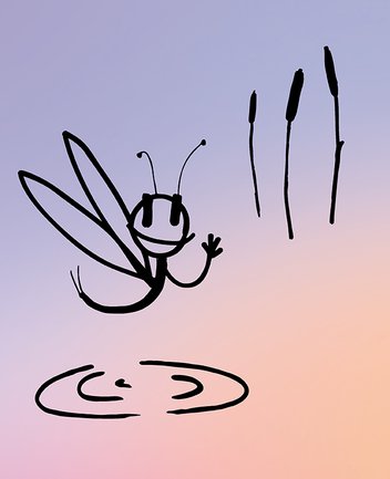 Illustration der Figur „Marla, die Maifliege“: Eine freundlich lächelnde, stilisierte Maifliege schwebt über einer Wasseroberfläche und winkt mit einer Hand. Rechts daneben stehen drei Schilfkolben. Die Zeichnung besteht aus schwarzen Linien vor einem sanften Farbverlauf in Rosa- und Lilatönen.
