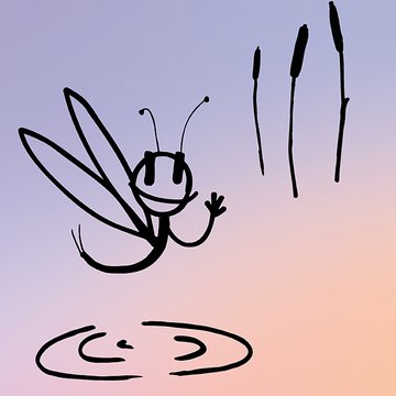 Illustration of the character „Marla, the Mayfly“: A friendly, smiling, stylized mayfly hovers above the surface of the water, waving with one hand. To the right are three cattails. The drawing consists of black lines set against a soft gradient background in pink and lilac tones.