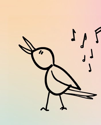 Illustration einer stilisierten Nachtigall aus „Die Nachtigall“: Eine minimalistisch gezeichnete, vogelartige Strichfigur mit rundem Kopf, kleinem Schnabel und langen Schwanzfedern steht auf dünnen Beinen. Ihr Kopf ist leicht nach oben geneigt, als würde sie singen. Neben ihr schweben mehrere schwarze Noten. Der Hintergrund zeigt einen sanften Farbverlauf von warmen Beige- und Rosatönen zu kühlem Hellblau.