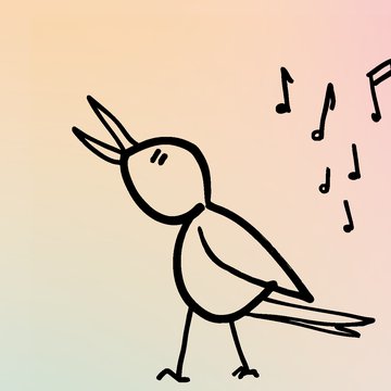 Illustration einer stilisierten Nachtigall aus „Die Nachtigall“: Eine minimalistisch gezeichnete, vogelartige Strichfigur mit rundem Kopf, kleinem Schnabel und langen Schwanzfedern steht auf dünnen Beinen. Ihr Kopf ist leicht nach oben geneigt, als würde sie singen. Neben ihr schweben mehrere schwarze Noten. Der Hintergrund zeigt einen sanften Farbverlauf von warmen Beige- und Rosatönen zu kühlem Hellblau.