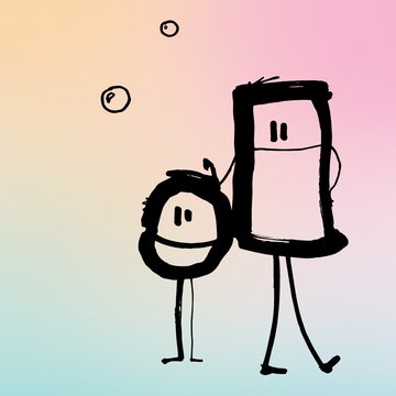 Illustration von Tim Stadie für die Kinderoper Köln: Vor einem weichen Hintergrund in Pastellfarben – mit Verläufen aus Rosa, Gelb, Blau und Grün – stehen zwei minimalistisch gezeichnete Figuren nebeneinander. Die kleinere Figur links ist rundlich und wirkt kindlich, die größere Figur rechts hat eine rechteckige Form und scheint die kleinere schützend zu begleiten. Beide Figuren sind mit dicken schwarzen Linien skizziert, haben einfache Gesichter mit zwei senkrechten Augen und lange, dünne Beine. Die größere Figur legt einen Arm um die kleinere. Oberhalb der Figuren schweben drei kleine kreisförmige Elemente, die wie Blasen oder Sterne wirken. Die Zeichnung hat einen spielerischen, warmen und handgemachten Charakter.