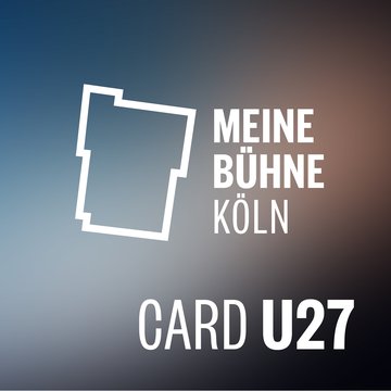 Grafische Darstellung der „Meine Bühne Köln Card U27“ mit einem stilisierten, weißen Bühnenriss auf der linken Seite und dem Schriftzug „MEINE BÜHNE KÖLN“ sowie „CARD U27“ in weißer Typografie. Der Hintergrund zeigt einen sanften Farbverlauf aus kühlen Blau- und Grautönen mit Übergängen zu dunklen violett-bläulichen Nuancen.