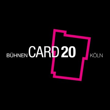Schwarzer Hintergrund mit weißer Schrift „BÜHNEN CARD 20 KÖLN“. Das Wort „CARD 20“ steht groß und zentral, während „BÜHNEN“ links und „KÖLN“ rechts davon kleiner gesetzt sind. Hinter dem Text befindet sich der architektonische Umriss des Opernhauses am Offenbachplatz in rosa.