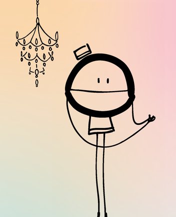 Illustration einer stilisierten Hoteldirektorin aus „Das Grand Hotel der Gefühle“: Eine minimalistisch gezeichnete Strichfigur mit rundem Kopf, kleinem Hut und langen, dünnen Beinen steht aufrecht und gestikuliert mit einer Hand. Links neben ihr hängt ein filigraner Kronleuchter. Der Hintergrund zeigt einen weichen Farbverlauf von warmen Beige- und Apricottönen hin zu zartem Rosa und kühlem Hellblau. Die Figur und der Kronleuchter sind in schwarzer Linienzeichnung gehalten und heben sich klar vom pastelligen Hintergrund ab.