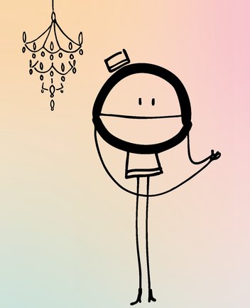 Illustration einer stilisierten Hoteldirektorin aus „Das Grand Hotel der Gefühle“: Eine minimalistisch gezeichnete Strichfigur mit rundem Kopf, kleinem Hut und langen, dünnen Beinen steht aufrecht und gestikuliert mit einer Hand. Links neben ihr hängt ein filigraner Kronleuchter. Der Hintergrund zeigt einen weichen Farbverlauf von warmen Beige- und Apricottönen hin zu zartem Rosa und kühlem Hellblau. Die Figur und der Kronleuchter sind in schwarzer Linienzeichnung gehalten und heben sich klar vom pastelligen Hintergrund ab.