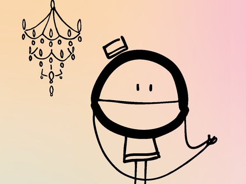 Illustration einer stilisierten Hoteldirektorin aus „Das Grand Hotel der Gefühle“: Eine minimalistisch gezeichnete Strichfigur mit rundem Kopf, kleinem Hut und langen, dünnen Beinen steht aufrecht und gestikuliert mit einer Hand. Links neben ihr hängt ein filigraner Kronleuchter. Der Hintergrund zeigt einen weichen Farbverlauf von warmen Beige- und Apricottönen hin zu zartem Rosa und kühlem Hellblau. Die Figur und der Kronleuchter sind in schwarzer Linienzeichnung gehalten und heben sich klar vom pastelligen Hintergrund ab.