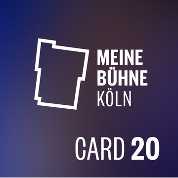 Grafische Darstellung der „Meine Bühne Köln Card 20“ mit einem stilisierten, weißen Bühnenriss auf der linken Seite und dem Schriftzug „MEINE BÜHNE KÖLN“ sowie „CARD 20“ in weißer Typografie. Der Hintergrund zeigt einen sanften Farbverlauf aus tiefen Blau- und Violetttönen mit Übergängen zu dunklen rötlichen Nuancen.