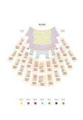 The seating plan of the Cologne Opera at Offenbachplatz shows a semicircular auditorium with the stage (“STAGE”) positioned at the top center. In front of it, the stalls (parterre) extend in several curved rows that fan out toward the stage. The seats are represented as colored dots and are divided into seven price categories. The central seats close to the stage are predominantly marked in yellow (price category 1), transitioning toward the back first into purple (PK 2) and then into red (PK 3). The side sections of the stalls (“Stalls Left” and “Stalls Right”) also mainly feature purple seats, which shift to red further toward the back and become denser toward the center.
In the rear part of the stalls and in smaller seating blocks between the boxes, additional colors appear: light blue (PK 4), green (PK 5), dark blue (PK 6), and orange (PK 7). These represent the lower price categories and are primarily located in areas farther from the stage or toward the sides.

The auditorium is enclosed in a horseshoe shape by box seating on two levels (“Tier 1” and “Tier 2”), which are divided into individual boxes labeled from right to left with letters A to L (Tier 1) and M to W (Tier 2). Within these boxes, the seats are also color-coded and include all price categories from yellow to orange, with higher-priced seats mainly located in Tier 1 and in the central boxes, while lower-priced seats are more commonly found in the outer boxes and in Tier 2.

A legend at the bottom clearly assigns colors to the price categories: yellow represents PK 1, purple PK 2, red PK 3, light blue/turquoise PK 4, green PK 5, dark blue PK 6, and orange PK 7. Overall, the color distribution follows a clear pricing logic: the closer a seat is to the stage and the center of the auditorium, the higher its category; the farther away or more lateral the position, the lower the price category.