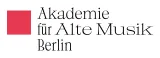 Logo of the Academy for Ancient Music Berlin. A solid red square appears on the left. To its right, the name “Akademie für Alte Musik Berlin” is displayed in black serif type across three lines on a light gray background. The design is simple, elegant, and classical.
