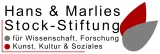 Logo of the Hans & Marlies Stock Foundation with the name in black lettering, the additional text “for science, research, art, culture & social affairs,” and stylized graphic elements in red and grey on a light background.