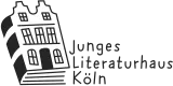Logo des Jungen Literaturhauses Köln. Eine schwarz-weiße Grafik verbindet die Form eines Hauses mit einem aufgeschlagenen Buch; rechts daneben steht der Schriftzug ‚Junges Literaturhaus Köln‘.