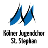 Abstract logo of Kölner Jugendchor St. Stephan e.V. with two curved blue shapes and overlaid black, dynamic lines forming a modern, fluid visual language on a light background.