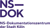 Logo des NS-Dokumentationszentrums der Stadt Köln: stilisierte Abkürzung ‚NS-DOK‘ in violetter Schrift, darunter der ausgeschriebene Name der Einrichtung ‚NS-Dokumentationszentrum der Stadt Köln‘.