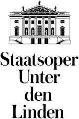 Logo of Staatsoper Unter den Linden featuring a graphic black depiction of a classical opera house façade with columns and figures, along with the lettering “Staatsoper Unter den Linden” in black typography on a white background.