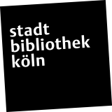 Logo der Stadtbibliothek Köln. Der Name der Einrichtung steht in weißer Kleinbuchstabenschrift auf einem schwarzen, leicht gekippten Quadrat.