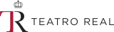 Logo of the Teatro Real: a stylized red and black ‘TR’ monogram topped with a crown, alongside the words ‘Teatro Real’ in gray uppercase lettering on a black background.
