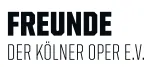 Logo des Vereins Freunde der Oper Köln e. V. Der Schriftzug „FREUNDE“ erscheint in großen schwarzen Blockbuchstaben. Darunter steht in einer schmaleren geometrischen Schrift „DER KÖLNER OPER E. V.“.