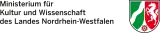 Logo of the Ministry of Culture and Science of the State of North Rhine-Westphalia. On the left, the full name of the ministry appears in black text across several lines. On the right is the coloured coat of arms of North Rhine-Westphalia, featuring a green, white and red shield with the Lippe rose.