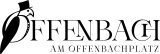 Logo of the café and restaurant Offenbach am Offenbachplatz. On the left is a stylised black jackdaw wearing a top hat. To the right, the name “OFFENBACH” appears in large serif letters, with “AM OFFENBACHPLATZ” below in smaller capital letters.