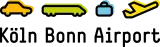 Cologne Bonn Airport logo featuring stylised symbols of a car, bus, luggage and an aeroplane. Below, the words “Köln Bonn Airport” appear in black lettering.