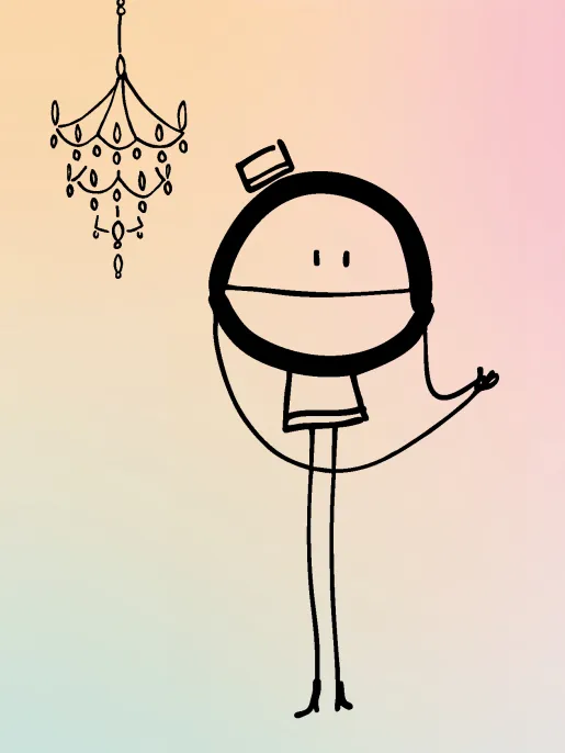 Illustration einer stilisierten Hoteldirektorin aus „Das Grand Hotel der Gefühle“: Eine minimalistisch gezeichnete Strichfigur mit rundem Kopf, kleinem Hut und langen, dünnen Beinen steht aufrecht und gestikuliert mit einer Hand. Links neben ihr hängt ein filigraner Kronleuchter. Der Hintergrund zeigt einen weichen Farbverlauf von warmen Beige- und Apricottönen hin zu zartem Rosa und kühlem Hellblau. Die Figur und der Kronleuchter sind in schwarzer Linienzeichnung gehalten und heben sich klar vom pastellige