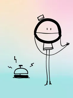 Illustration of a stylized hotel director from “The Grand Hotel of Feelings”: A minimally drawn stick figure with a round head, a small hat, and long, thin legs stands upright and gestures with one hand. To her left hangs a delicate chandelier. The background features a soft gradient transitioning from warm beige and apricot tones to gentle pink and cool light blue. The figure and the chandelier are rendered in black linework and stand out clearly against the pastel background.