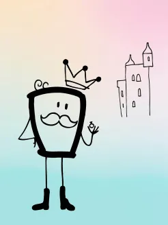 Illustration of King Detlef from the opera “Der König verschenkt was” by Philipp Matthias Kaufmann, drawn by Tim Stadie: a stylized, comic-like line figure with a crown and two curls, a moustache and boots, appearing friendly and presenting a small ball in his raised left hand; beside him is a simply sketched castle with towers, set against a soft gradient background.