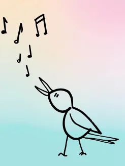 Illustration of a stylized nightingale from “The Nightingale”: A minimally drawn, bird-like line figure with a round head, a small beak, and long tail feathers stands on thin legs. Its head is slightly tilted upward, as if it were singing. Several black musical notes float beside it. The background features a soft gradient transitioning from warm beige and pink tones to cool light blue.