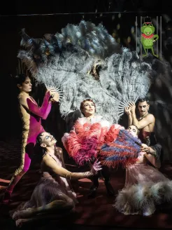 Scene from the operetta Eine Frau von Format by Michael Krasznay-Krausz: At the center stands Dschilli Bey in a striking costume adorned with red and pink feathers, surrounded by dancers from Oper Köln. Framing her with large grey feather fans, they form a glamorous revue-style choreography. Dramatic stage lighting creates a sensual and extravagant atmosphere. In the upper right corner appears the Operettenfrosch award logo from BR-Klassik, which the production received in 2025.
