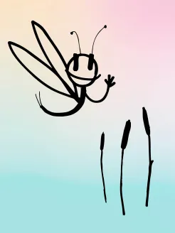 Illustration of the character „Marla, the Mayfly“: A friendly, smiling, stylized mayfly hovers above the surface of the water, waving with one hand. To the right are three cattails. The drawing consists of black lines set against a soft gradient background in pink and lilac tones.