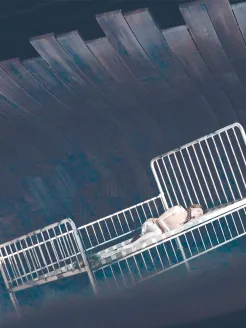 A female performer as the Water Nymph from Rusalka by Antonín Dvořák lies curled on her side on a tilted, white metal bed frame. She wears a light, sleeveless costume in soft tones. The stage is dimly lit with cool, bluish hues, and curved, wave-like structures rise in the background, evoking an underwater atmosphere. The scene appears quiet, dreamlike, and slightly surreal.