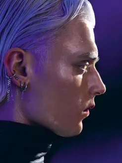Close-up of a young man in cinematic lighting. Shown in right-facing profile, he gazes into the distance with a vigilant and determined expression. His silvery-blond hair is swept back, while multiple earrings add a modern, subtly rebellious edge. Cool blue and violet light shapes his luminous skin and accentuates the contours of his face. The dark background enhances the dramatic effect. A contemporary interpretation of Siegfried from Richard Wagner’s opera Siegfried.