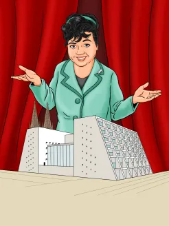 Illustration of a smiling woman portraying Trude Herr, with short dark hair and a green costume, standing before a red stage curtain. With outstretched arms, she appears behind the Cologne Opera House at Offenbachplatz, shown in the foreground with its modern glass façade. The towers of Cologne Cathedral rise in the background. The scene evokes a theatrical production and references the 2027 Divertissementchen “wat e thiater” by the Bühnenspielgemeinschaft Cäcilia Wolkenburg.