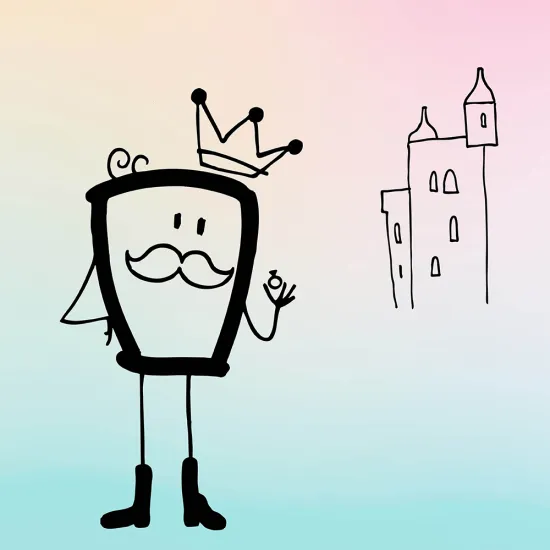 Illustration von König Detlef aus der Oper „Der König verschenkt was“ von Philipp Matthias Kaufmann, gezeichnet von Tim Stadie: eine stilisierte, comicartige Strichfigur mit Krone und zwei Locken, Schnurrbart und Stiefeln, die freundlich wirkt und eine kleine Kugel in der erhobenen linken Hand präsentiert; daneben befindet sich ein einfach skizziertes Schloss mit Türmen, eingebettet in einen weichen Farbverlauf im Hintergrund.