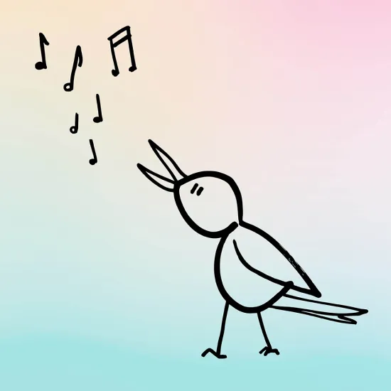 Illustration einer stilisierten Nachtigall aus „Die Nachtigall“: Eine minimalistisch gezeichnete, vogelartige Strichfigur mit rundem Kopf, kleinem Schnabel und langen Schwanzfedern steht auf dünnen Beinen. Ihr Kopf ist leicht nach oben geneigt, als würde sie singen. Neben ihr schweben mehrere schwarze Noten. Der Hintergrund zeigt einen sanften Farbverlauf von warmen Beige- und Rosatönen zu kühlem Hellblau.