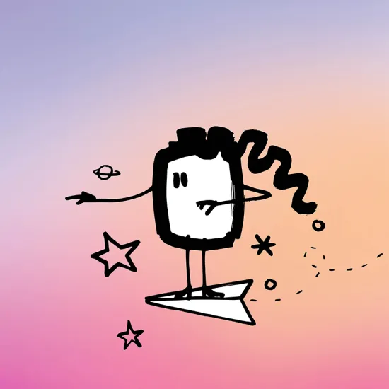Illustration of a stylized figure riding on a paper airplane against a pink, orange, and purple gradient background. The figure is surrounded by stars, small planets, and decorative lines that evoke a journey through outer space. Illustration by Tim Stadie for the Friends of the Children's Opera Cologne.