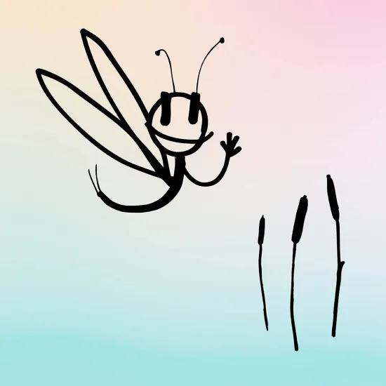 Illustration of the character „Marla, the Mayfly“: A friendly, smiling, stylized mayfly hovers above the surface of the water, waving with one hand. To the right are three cattails. The drawing consists of black lines set against a soft gradient background in pink and lilac tones.