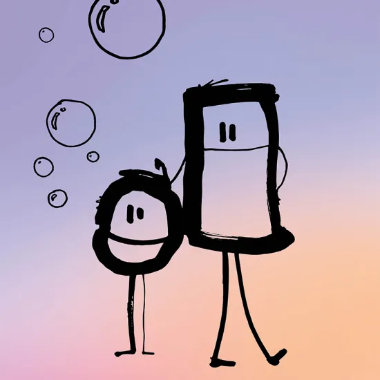 Illustration of two stylized figures of different sizes standing close together. The larger figure has a protective arm around the smaller one. Several floating circles and a softly blended pink, orange, and purple background create a friendly and welcoming atmosphere. Illustration by Tim Stadie for Oper.Stadt.Schule.