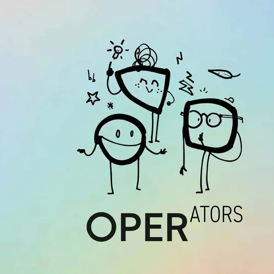 Illustration by Tim Stadie featuring three black-drawn cartoon characters on a light, pastel-coloured background. One character holds up a glowing light bulb, another is smiling, and the third wears glasses and appears thoughtful. Small drawn symbols such as stars, musical notes and lines surround the figures. Below them is the wordmark “OPERATORS”, with “ATORS” appearing smaller and raised. The illustration conveys creativity, collaboration and the exchange of ideas.