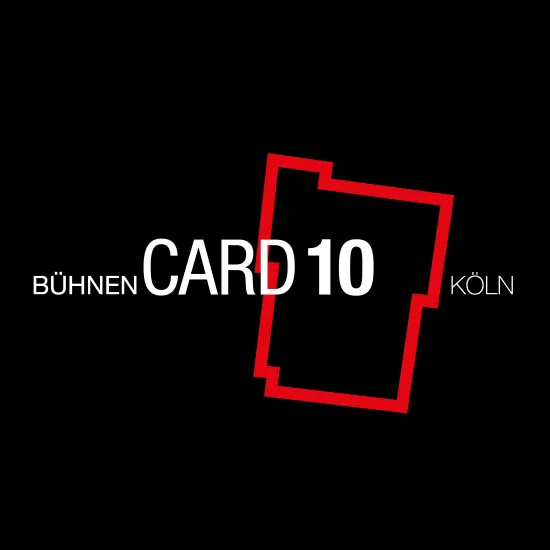 Black background with white lettering “BÜHNEN CARD 10 KÖLN.” The words “CARD 10” appear large and centered, while “BÜHNEN” is set smaller to the left and “KÖLN” to the right. Behind the text is the architectural outline of the opera house at Offenbachplatz in red.