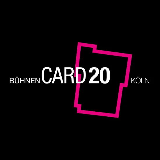 Black background with white lettering “BÜHNEN CARD 20 KÖLN.” The words “CARD 20” appear large and centered, while “BÜHNEN” is set smaller to the left and “KÖLN” to the right. Behind the text is the architectural outline of the opera house at Offenbachplatz in pink.