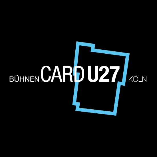 Black background with white lettering “BÜHNEN CARD U27 KÖLN.” The words “CARD U27” appear large and centered, while “BÜHNEN” is set smaller to the left and “KÖLN” to the right. Behind the text is the architectural outline of the opera house at Offenbachplatz in blue.