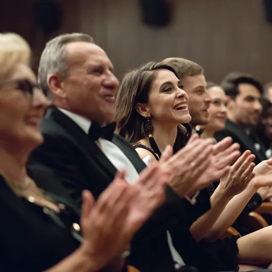 Several formally dressed audience members are seated in the auditorium of the Cologne Opera, applauding. At the centre, a woman in black evening wear smiles while the people around her enthusiastically applaud. The image conveys the festive atmosphere of an evening at the opera.