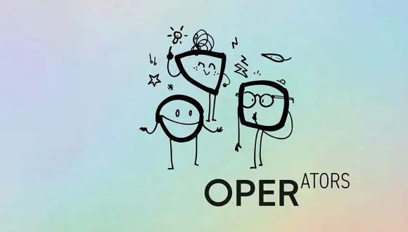 Illustration by Tim Stadie featuring three black-drawn cartoon characters on a light, pastel-coloured background. One character holds up a glowing light bulb, another is smiling, and the third wears glasses and appears thoughtful. Small drawn symbols such as stars, musical notes and lines surround the figures. Below them is the wordmark “OPERATORS”, with “ATORS” appearing smaller and raised. The illustration conveys creativity, collaboration and the exchange of ideas.