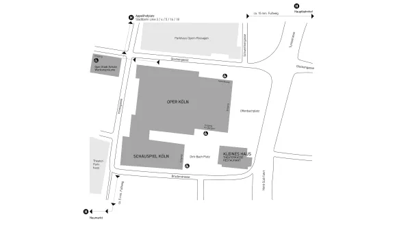 Simplified site map showing the location of Cologne Opera at Offenbachplatz. The map marks pedestrian routes from Cologne Central Station (approx. 15 minutes) and the Appellhofplatz and Neumarkt light rail stations (approx. 5 minutes). It also indicates the Theater and Opern Passagen multi-storey car parks, the entrances to Cologne Opera, Schauspiel Köln, the Children's Opera and Oper.Stadt.Schule, as well as step-free access points.