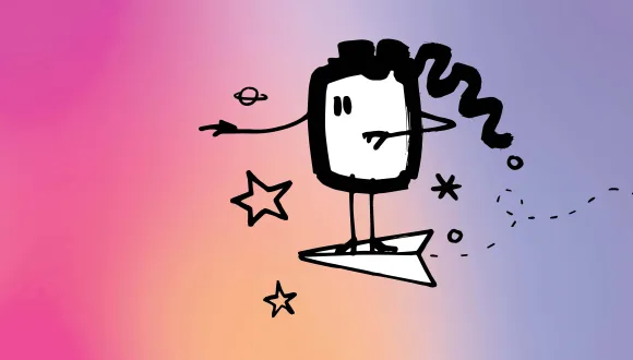 Illustration of a stylized figure riding on a paper airplane against a pink, orange, and purple gradient background. The figure is surrounded by stars, small planets, and decorative lines that evoke a journey through outer space. Illustration by Tim Stadie for the Friends of the Children's Opera Cologne.